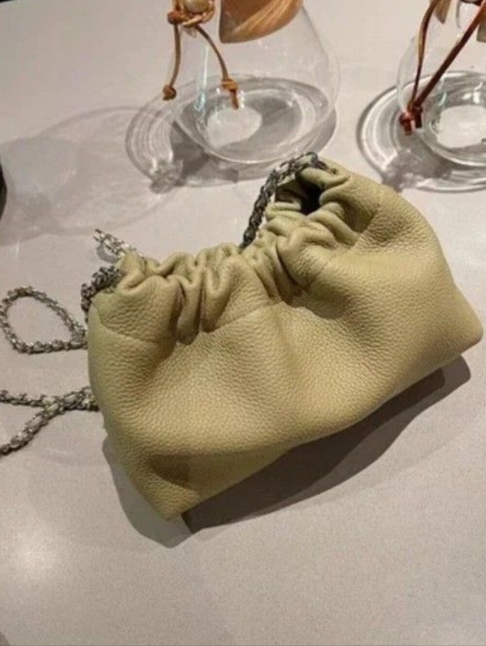 Genuine Split Leather Gathered Shoulder Mini Bag in Light Olive with Chain Strap